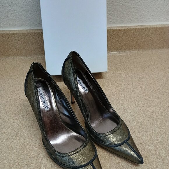 Charles David Pewter Suede Classic Pumps Sz 9M Heel Pointed Toe Glitter Stiletto - Picture 5 of 8